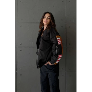 Kadın Sırt ve Kol Parça Baskılı Bomber Ceket - Siyah