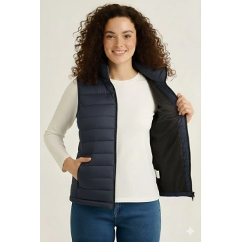 Kadın Şişme Fermuarlı Yelek Su itici Kapitone Astarlı Kumaş Cepli Hafif Kışlık Spor Rahat Kalıp - Lacivert