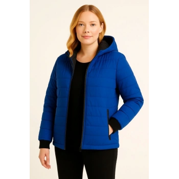 Kadın Şişme Kapüşonlu Fermuarlı Mont Su itici Kapitone Astarlı Kumaş Cepli Kışlık Rahat Kalıp  - Saks Mavisi
