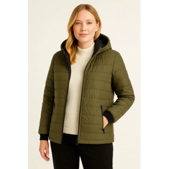 Kadın Şişme Kapüşonlu Fermuarlı Mont Su itici Kapitone Astarlı Kumaş Cepli Kışlık Rahat Kalıp - Haki
