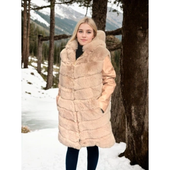 Kadın Suni Kürk Hakiki Deri - Somon