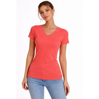 Kadın V Yaka Slim Fit Likralı Tişört - Nar Çiçeği
