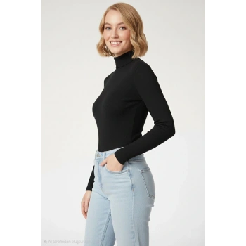 Kadın Tam Boğazlı Fitilli Likrali Kaşkorse Badi İnce Uzun Kollu Kazak - Siyah