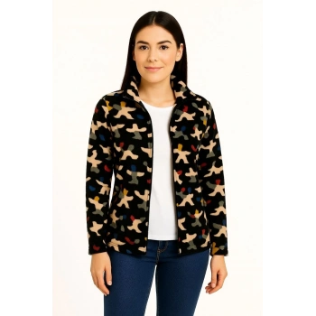 Kadın Tam Fermuarlı Desenli Polar Sweat – Siyah Multicolor Figür Desen Yakalı, Uzun Kollu, Oversize Rahat Kalıp - Siyah