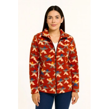 Kadın Tam Fermuarlı Desenli Polar Sweat – Siyah Multicolor Figür Desen Yakalı, Uzun Kollu, Oversize Rahat Kalıp - Kiremit