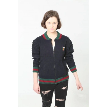 Kadın Tam Fermuarlı Triko Hırka - Lacivert