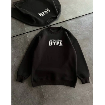 Kadın Üç İplik Bisiklet Yaka Baskılı SweatShirt - Siyah