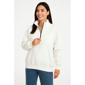 Kadın Üç İplik Dık Yaka Yarım Fermuarlı SweatShirt - Beyaz