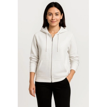Kadın Üç İplik Kapüşonlu Tam Fermuarlı Kanguru Çepli SweatShirt Hoodie - Beyaz