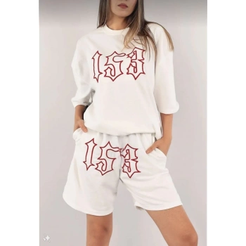 Kadın Unisex Nakış İşlemeli Şort Takım - Beyaz