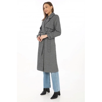 Kadın Uzun Kaşe Kaban – Balık Sırtı Dokuma Kaşmir Kumaş, Kruvaze Yaka, Kuşaklı Cepli Model, Oversize Rahat Kalıp - Boyalı Gri