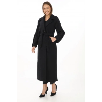 Kadın Uzun Kaşe Kaban – Yünlü Dokuma Kaşmir Kumaş, Kruvaze Yaka, Kuşaklı Astarlı Tesettür Uyumlu Şık Kışlık Siyah Model - Siyah
