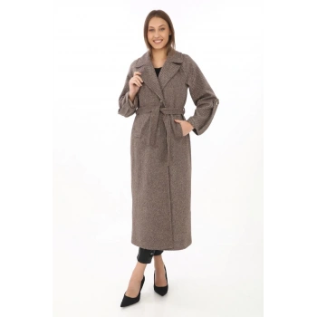 Kadın Uzun Kaşe Kaban – Yünlü Dokuma Kaşmir Kumaş, Kruvaze Yaka, Kuşaklı Astarlı Tesettür Uyumlu Şık Kışlık Siyah Model- Vizon