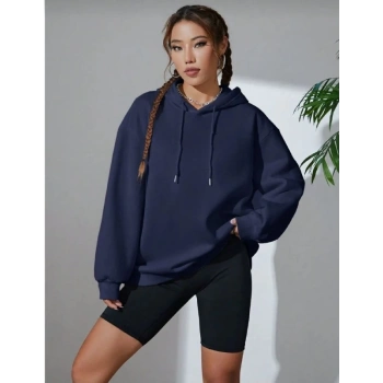 Kadın Uzun Kol Kapşonlu Basic Sweatshirt hoodie - Lacivert