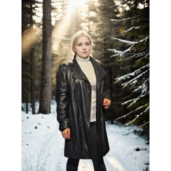 Kadın Uzun Kollu Hakiki Deri Ceket - Siyah