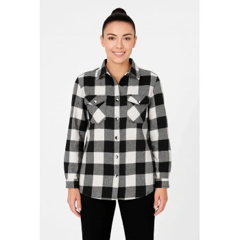 Kadın Oduncu Gömlek – Uzun Kollu, Şardonlu Kumaş, Kırmızı Beyaz Kareli Desen, Regular Fit, Çift Cepli, Manşetli Günlük Şık Stil - Siyah