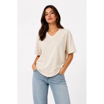 Kadın V Yaka Basic Tişört Kısa Kol Yazlık Regular Fit T-Shirt - Bej