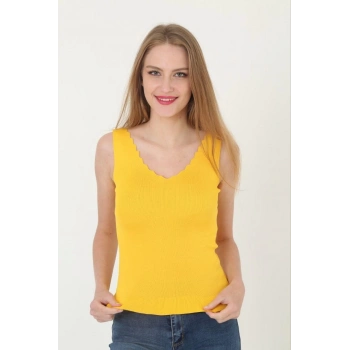 Kadın V Yaka Fırfır Detay Crop - Sarı