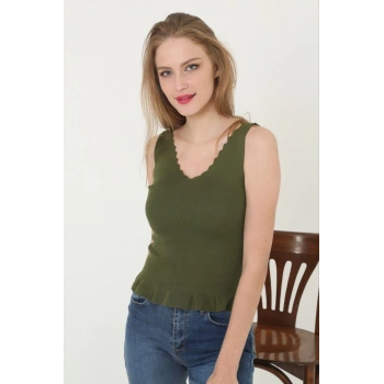 Kadın V Yaka Fırfır Detay Crop - Yeşil