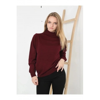 Kadın Yarım Balıkçı Yaka Triko Kazak - Bordo