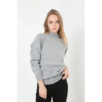 Kadın Yarım Balıkçı Yaka Triko Kazak - Gri