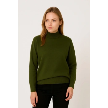 Kadın Yarım Boğaz Triko Kazak yumuşak dokulu Pamuklu ince Dokuma, uzun kollu Rahat Regular kalıp - Haki