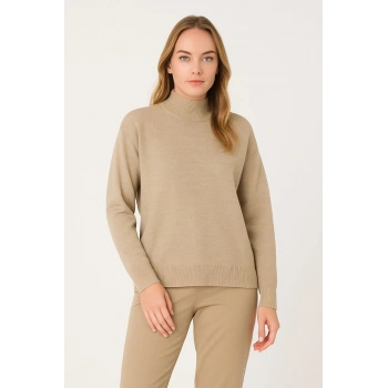 Kadın Yarım Boğaz Triko Kazak yumuşak dokulu Pamuklu ince Dokuma, uzun kollu Rahat Regular kalıp - Bej