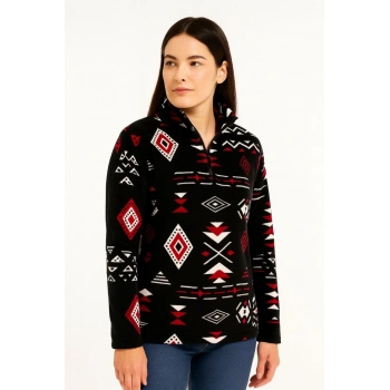 Kadın Yarım Fermuarlı Desenli Polar Sweat Tribal Etnik Desen Yakalı, Uzun Kollu, Oversize Rahat Kalıp - Siyah