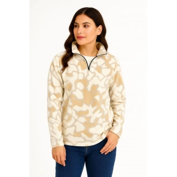 KADIN Yarım Fermuarlı Desenli Polar Sweat Yakalı, Uzun Kollu, Oversize Rahat Kalıp - Bej