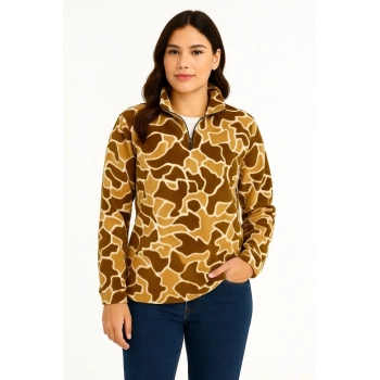 KADIN Yarım Fermuarlı Desenli Polar Sweat Yakalı, Uzun Kollu, Oversize Rahat Kalıp - Kahverengi