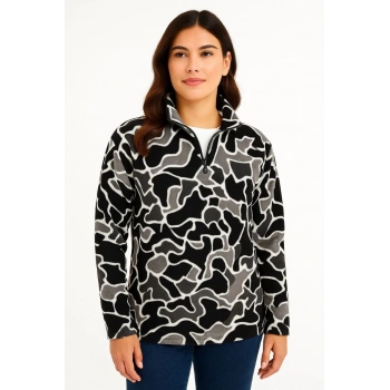 KADIN Yarım Fermuarlı Desenli Polar Sweat Yakalı, Uzun Kollu, Oversize Rahat Kalıp - Siyah