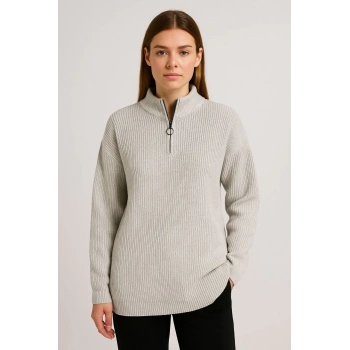 KADIN Yarım Fermuarlı Triko Kazak – Selanik Örgü, Dik Yaka, Pamuklu Dokuma, Oversize Uzun Kollu Kışlık Model - Bej