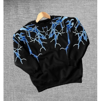 Kadın Yıldırım Baslılı Bisiklet Yaka üç iplik pamuklu Sweatshirt - Siyah