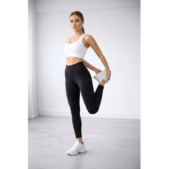 Kadın Yüksek Bel Toparlayıcı Likralı Düz Sporcu Tayt - Siyah