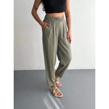 Kadın Yüksel Bel Beli Bağcıklı Cepli Rahat Paça Pantalon - Su Yeşili