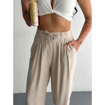 Kadın Yüksel Bel Beli Bağcıklı Rahat Boru Paça Pantalon - Kırık Beyaz
