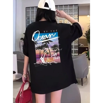 Kadınlar İçin Geniş Kesim Tişört - Kısa Kollu, Bol Kesim, Manzaralı Okyanus Baskı, Günlük Yazlık Üst, Siyah- Siyah