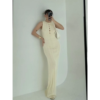 Kalın Fitilli Uzun Triko Elbise - Kırık Beyaz