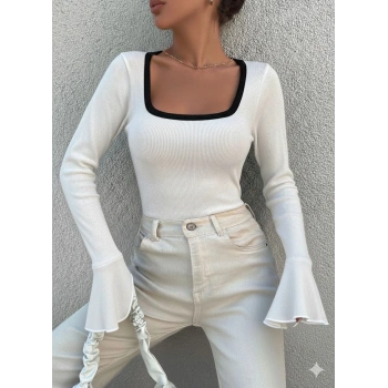 Kare yaka garni detay ispanyol kol bluz beyaz a3105