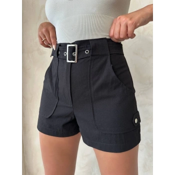 Kemer detaylı gabardin şort siyah s25289