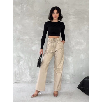 Kendinden ince kemerli deri pantolon bej t1178