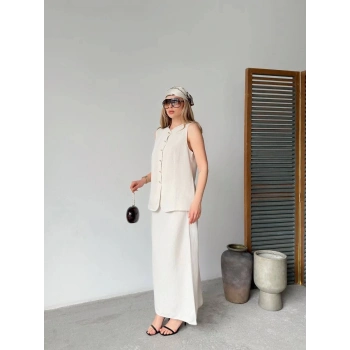 Keten Kolsuz Sıfır Yaka İlik Düğmeli Kolsuz Hırka Etek ikili Takım- Beyaz