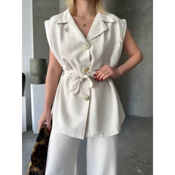 Keten Sıfır Kol Kuşaklı Ceket Pantolon ikili Takım - Beyaz