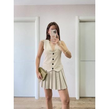 Keten Takım Görünümlü Düğme Detaylı Yelekli Mini Elbise - Bej