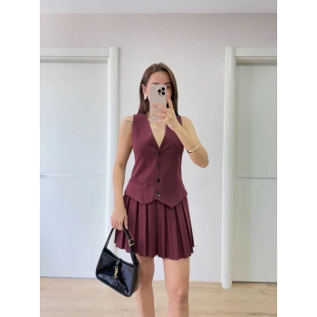 Keten Takım Görünümlü Düğme Detaylı Yelekli Mini Elbise - Bordo