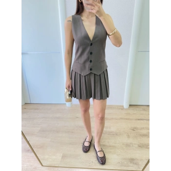 Keten Takım Görünümlü Düğme Detaylı Yelekli Mini Elbise - Füme