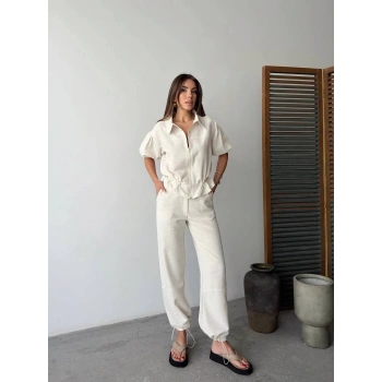 Keten Tam Fermuarlı Kısa kollu Gömlek Pantolon ikili Takım - Beyaz