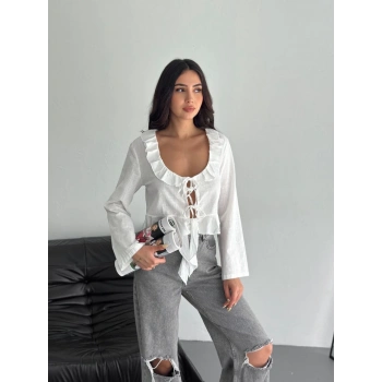 Keten Uzun Kol Bağacık Detaylı Bluz - Beyaz