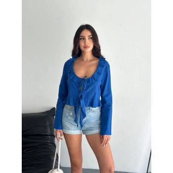 Keten Uzun Kol Bağacık Detaylı Bluz - Lacivert
