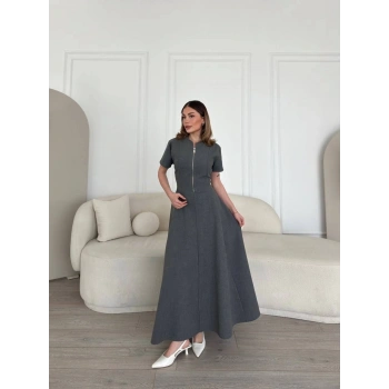 Kısa Kollu Önden Fermuarlı Çan Etekli Uzun Elbise - Antrasit